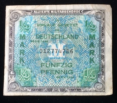 1944 Germany 1/2 Mark Banknote, Allied Military Authority, British Zone - Image 1 of 2