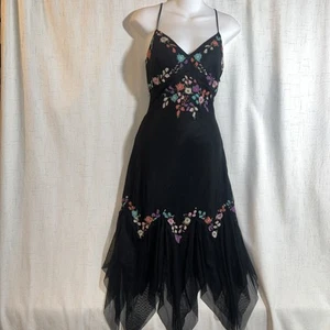 Y2K Fairy Midi Dress Slip Mesh Floral Cocktail Boho Embroidered Black - Picture 1 of 7