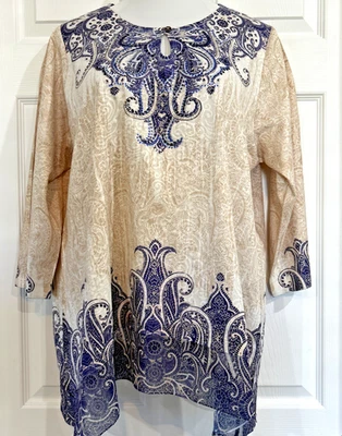 JM Collection Tan & Purple Paisley Print Sheer Hem Soft Knit Top Women's 1X - Image 1 of 4