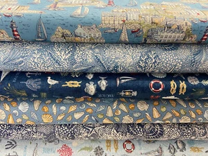 Makower High Tide Cotton Fabric by 1/4 M* Maritime Harbour Reef Scenic Shells - Picture 1 of 13