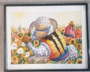 Original peruanisches Aquarell Frauen arbeiten Blumen pflücken gerahmt Volkskunst - Bild 1 von 9