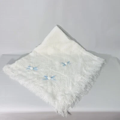 Friemanit Baby Baptism Christening Blanket Knit Afghan Roses Blue Ribbon VTG - Image 1 of 4