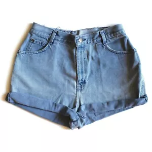 Vintage Blue Stone Wash High Waisted Rise Cuffed Denim Jean Cuffed Shorts 30/31 - Picture 1 of 6
