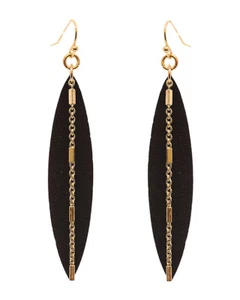 Lederähnliche schwarze dünne Blatt Hänger Kette Ohrhänger Draht Ohrringe - Bild 1 von 1