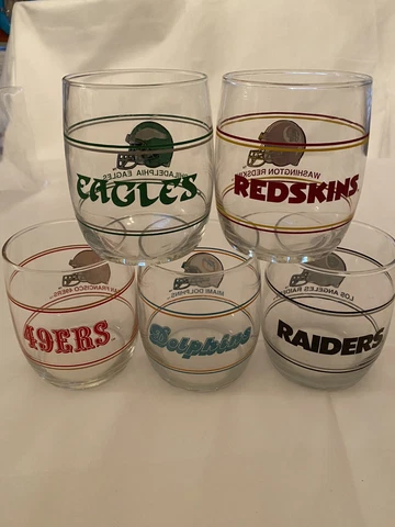 VTG NFL 5 SET FOOTBALL GLASS CUPS PHILADELPHIA EAGLES, WASH., LA, 49ERS, MIAMI Cover