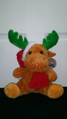 Santa Christmas Moose Stuffed Plushie Green Antlers Red Hat stocking stuffer - Imagem 1 de 4