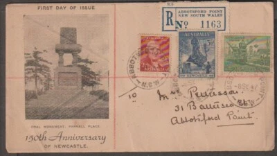 AUSTRALIA 1947 NEWCASTLE 150TH ANNIV +B&W COAL MONUMENT Reg. FDC - Image 1 of 2