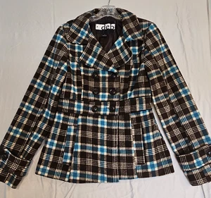 Vintage Deb Shop Wolle kariert Erbsenmantel Gr. Medium braun türkis zweireihig adrett - Bild 1 von 8