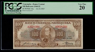 VENEZUELA  100  BOLIVARES 1947   PICK # 34a  PCGS 20 VERY FINE . - Image 1 of 2