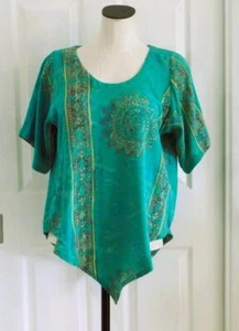 Mission Canyon Art to Wear Rayon Batik Turquoise Brown Medallion Sun Top OS 46B - Picture 1 of 12