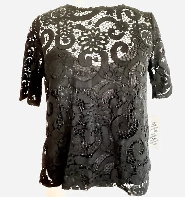 Nanette Lepore Negro Encaje Transparente Top Cami Forrado Manga Corta Espalda Cinta Corbata XS Foto 1 de 4