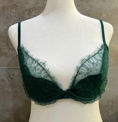 La Perla Lace Balconette Bra 34C In Deep Green w Satin Straps Made In Italy - Image 1 of 4