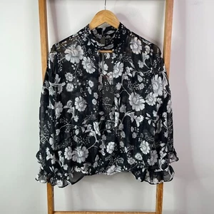 Sheike Blouse Top Womens 12 Black Floral Sheer Bell Sleeve Faux Wrap High Neck - Picture 1 of 13