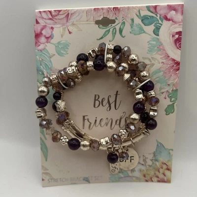 Best Friend’s 手镯套装 (3) 弹力金色紫色串珠全新带吊饰 BFF — 第 1/4 张图片