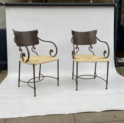 2 x Cadeiras Laterais Art Deco Ferro Forjado Oxidado Bambu Rattan Vintage 1920 Jardim - Imagem 1 de 4