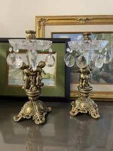 Hollywood Regency Candleholders Ornate Cherub Gold Tone With Lead Crystal 14” - Picture 1 of 7