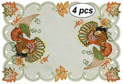 Creative Linens Fall Thanksgiving Turkey Placemats Table Cloth Runner Ivory - Image 1 of 4