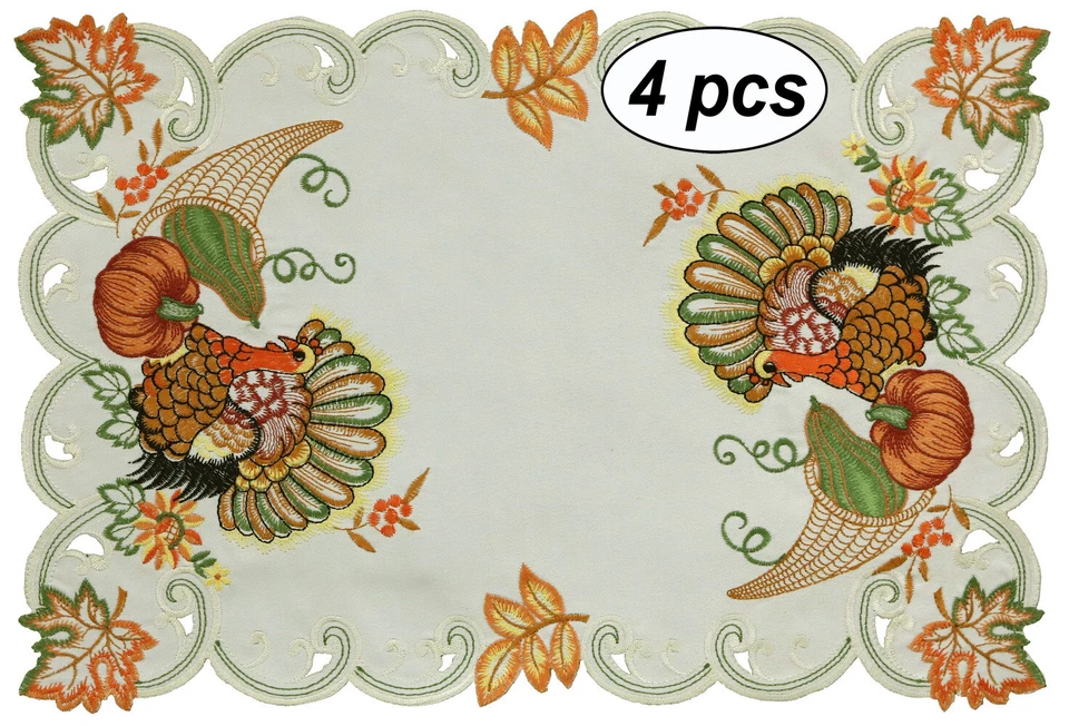 Creative Linens Fall Thanksgiving Turkey Placemats Table Cloth Runner Ivory - Image 1 of 4