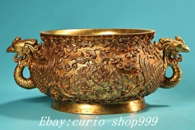 Quemador de incienso de loto pájaro fénix orejas dobles dorado cobre dinastía China de 8" Foto 1 de 4