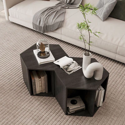 2Set 23.62" Hexagonal Small Coffee Table Open Storage End Table Nightstand Black - Image 1 of 4