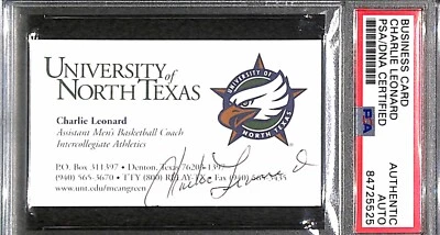 Tarjeta de visita firmada por Charlie Leonard "North Texas Mean Green Sun Belt Champ" PSA Foto 1 de 3
