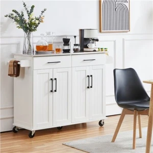 Mobile Kitchen Island with Stainless Steel Top and Double Drawers and Cabinets - Picture 1 of 36
