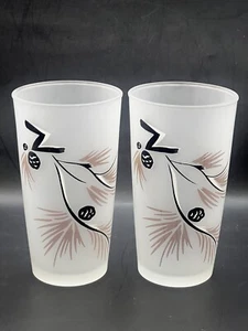 Vintage Frosted Glass Tumbler Set Of 2 Pine Cones & Leaves MCM Hazel Atlas - Picture 1 of 21
