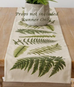 NEW FARMHOUSE EMBROIDERED FERN TABLE RUNNER GREEN BEIGE 13"x72" Kitchen Cotton - Picture 1 of 3