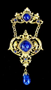ORNATE ANTIQUE GILT BRASS - GLASS EDWARDIAN BROOCH - CZECH. - Picture 1 of 4
