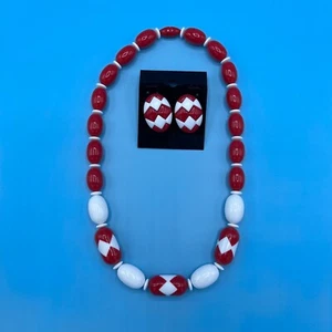 Vintage Necklace Earrings Red White Checkers Zig Zag Costume Jewelry Set Estate - Picture 1 of 6
