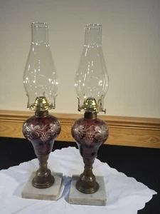 Atq Pair Boston Sandwich Purple Amethyst Cut To Clear Grape Leaf Whale Oil Lamp - Picture 1 of 12