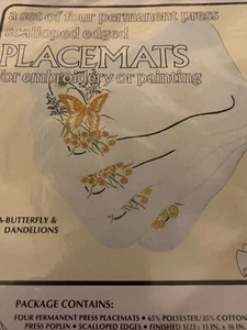 Vtg Vogart Placemats Set Of 4 Butterfly &Dandelions Embroidery Or Painting 1980 - Picture 1 of 4