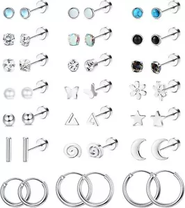 21Pairs Surgical Steel Flat Back Earrings For Women Hypoallergenic 20G Cartilage - Picture 1 of 6