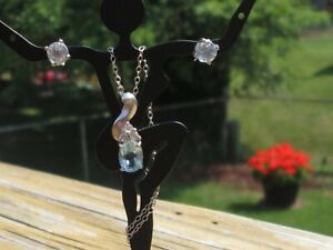 925 Silver Dangling Blue Topaz & CZ Accent Necklace with matching earrings,