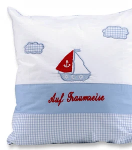 Preciosa funda de cojín Hansekind bordada EN VIAJE DE ENSUEÑO 40 x 40 cm, a cuadros - Imagen 1 de 3