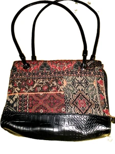 TAPESTRY ~ Faux Crocodile ~ Small Size ~ Handbag Purse ~ Brown & Red ~ 2 Handles - Picture 1 of 5