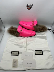 GUCCI Princetown Mule Fur Lined Leather Slipper Fuchsia Hot Pink Slide 12G 12.5 - Picture 1 of 9