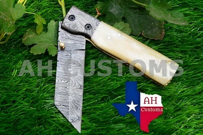 HAND FORGED DAMASCUS STEEL TANTO FOLDING KNIFE & BONE HANDLE W/SHEATH AH-2270 - Image 1 of 4
