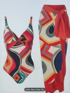 Women's Plus Geo Print Twist Front One Piece Swimsuit & Knot Side Cover Up Skirt - Picture 1 of 16