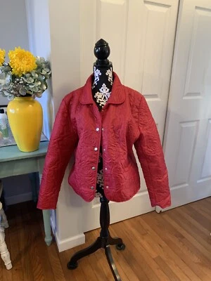 J G Hook XL Red Rain Jacket Womens  Quilted Flowers Snap Front With Zip Pockets - Imagem 1 de 4