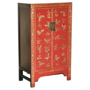 FINE ANTIQUE CHINESE BUTTERFLY HAND PAINTED LACQUERED LARGE SIDE TABLE CUPBOARD - Picture 1 of 12