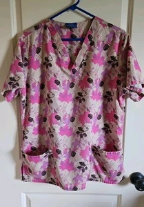 Carol's Scrubs Leaves Acorn V-Neck Scrub Top Pink Purple Tan Women’s Size Large - Picture 1 of 9