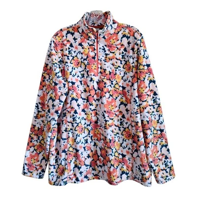 Top de mujer LANDS END alto L LT polar 1/4 cremallera floral naranja verde suave 42" Foto 1 de 4