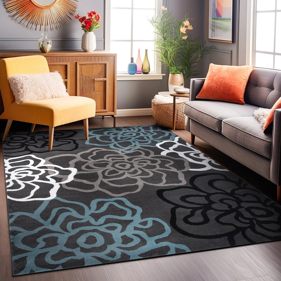 Contemporary Modern Floral Flowers Dark Grey Area Rug 53 X 73 Polypropylene