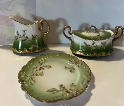 Antique T&V France Holly Berry Limoges China Sugar & Creamer & Holly Plate - Image 1 of 4