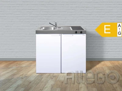 Miniküche 100cm Weiß Ceran Kochfeld Kühlschrank Spüle links Edelstahl - Bild 1 von 3