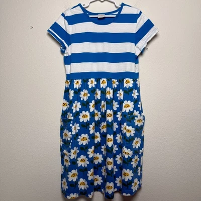 Hanna Andersson Mixie Dress 10 Daisy Blue White Stripe Patchwork  Pockets 140cm - Imagem 1 de 4