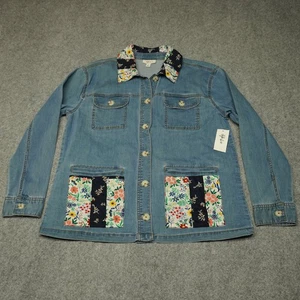 New Style & Co Women's Denim Jacket Large Floral Collar Pockets - Picture 1 of 14