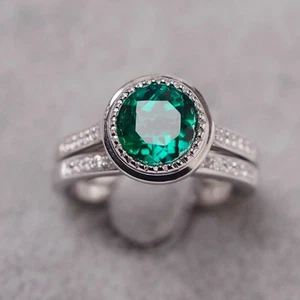 Lab Emerald Round May Birthstone 14k White Gold Plated Engagement Ring Set - Picture 1 of 3