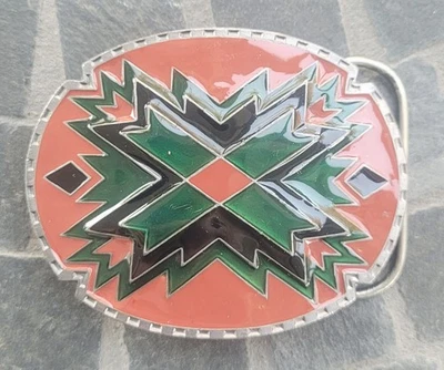 Винтажный 1990 Siskiyou ремень пряжка юго-западный геометрический ацтекский узор красный и зеленый - Изображение 1 из 4
